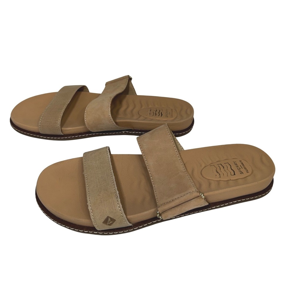 Sperry Top-Sider Plushwave Tan Leather Two Strap Slide Sandals Womens Beige